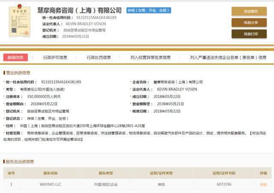 谷歌无人驾驶落户上海 WAYMO持股100%注册新公司