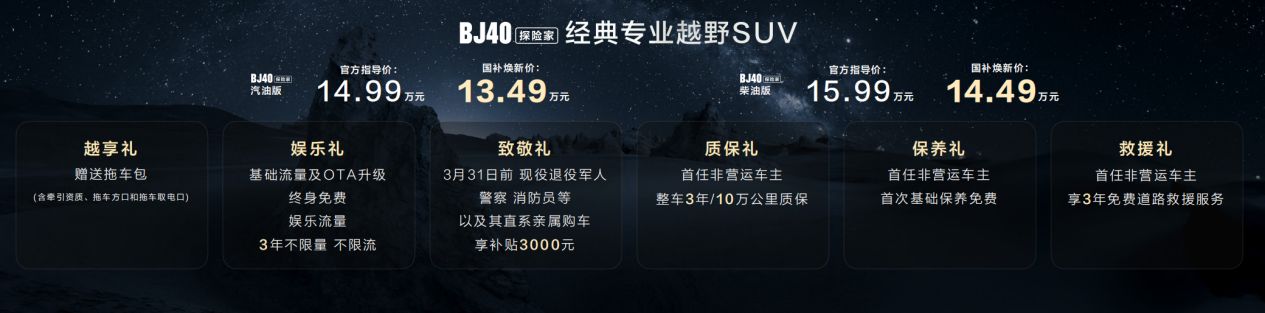 BJ40探险家正式上市，国补焕新价13.49万元起